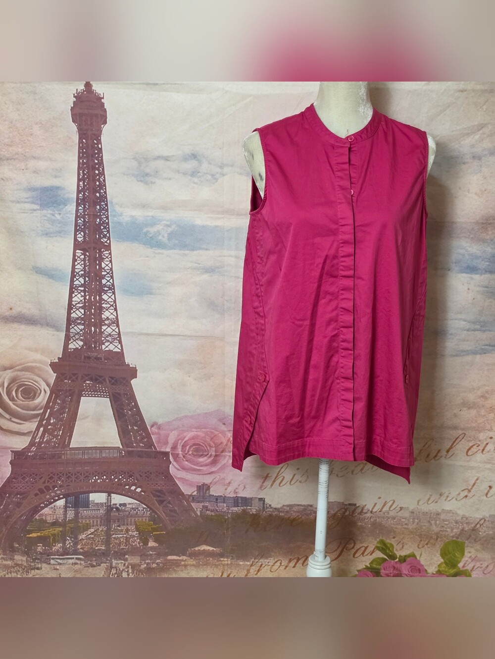 Vision 155 Sleeveless Fuchsia Button-Front Top Classic Collarless Style Sz 14